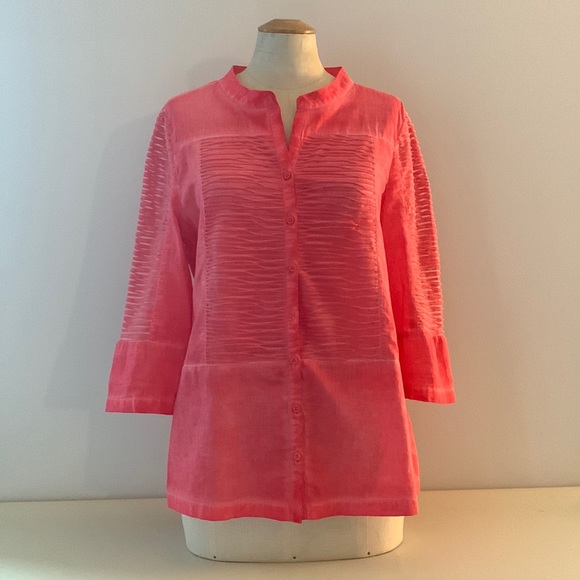 YEST Coral collarless shirt w/3/4 sleeves, intentional fading & contrast texture - Picture 2 of 9